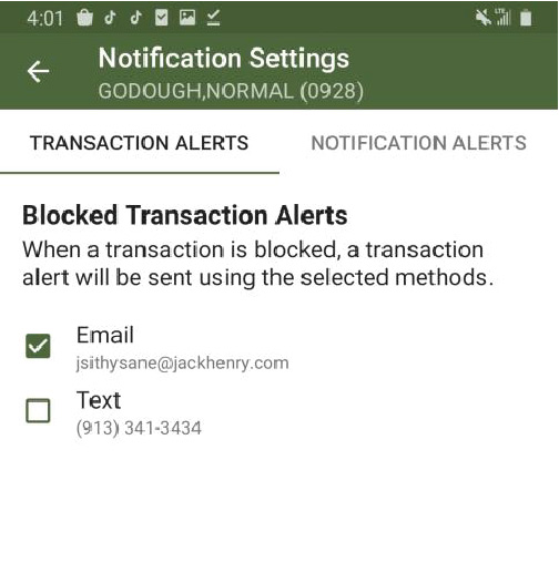 Transaction Alerts Menu