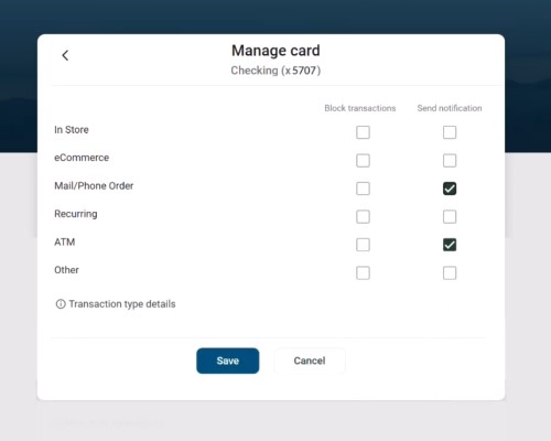 Card Management Screen for Transaction Type Limits